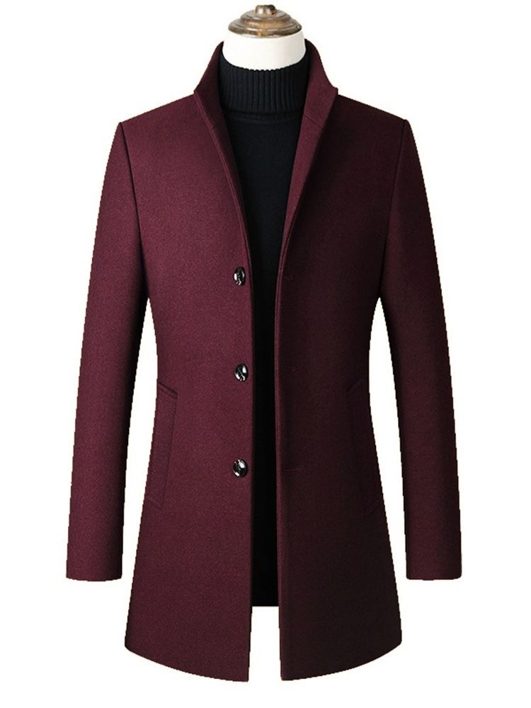 Plain Stand Collar Mid-length Mens Slim Wool Coat