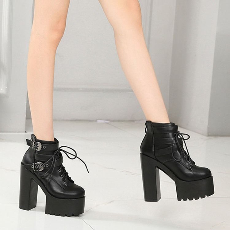 Back Zip Round Toe Platform Chunky Heel Cross Strap Dam Stövlar