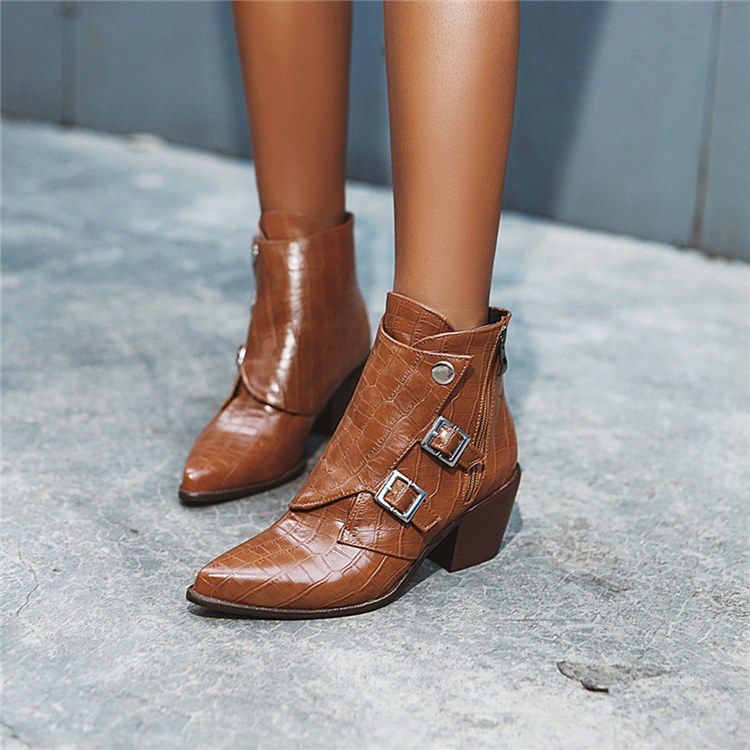 Chunky Heel Plain Side Zipper Women's Ankle Boots