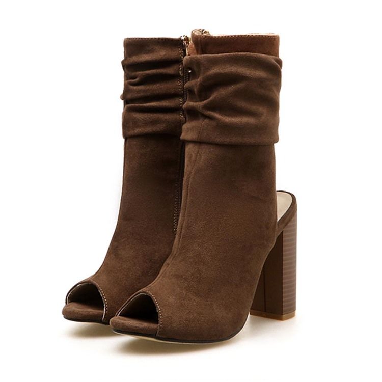 Dam Chunky Heel Peep Toe Hollow Boots Med Dragkedja