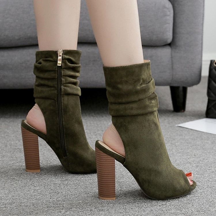 Dam Chunky Heel Peep Toe Hollow Boots Med Dragkedja