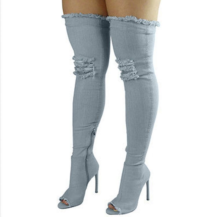 Denim Side Zipper Peep Toe Kvinnors Knästövlar