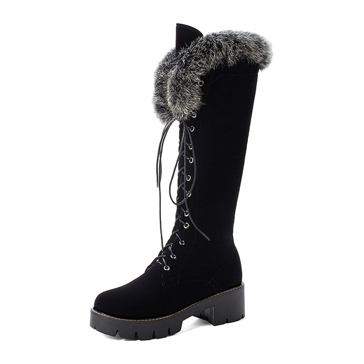 Faux Fur Round Toe Side Zipper Dam Stövlar