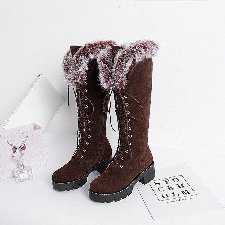 Faux Fur Round Toe Side Zipper Dam Stövlar