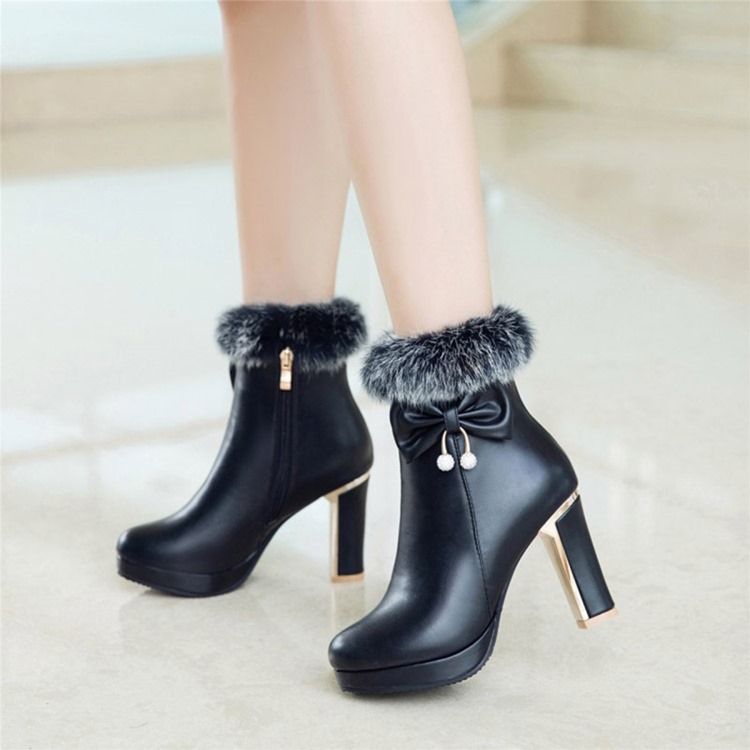 Fuzzy Bowknot Decorated Platform High Heel Boots För Kvinnor