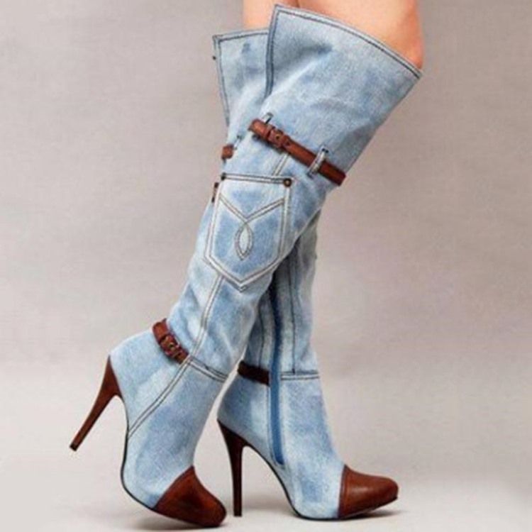 Kvinnor Denim Patchwork Stiletto Heel Knähöga Stövlar