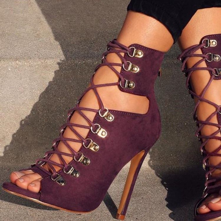 Kvinnor Peep Toe Cross Strap Stiletto Heel Ankle Boots