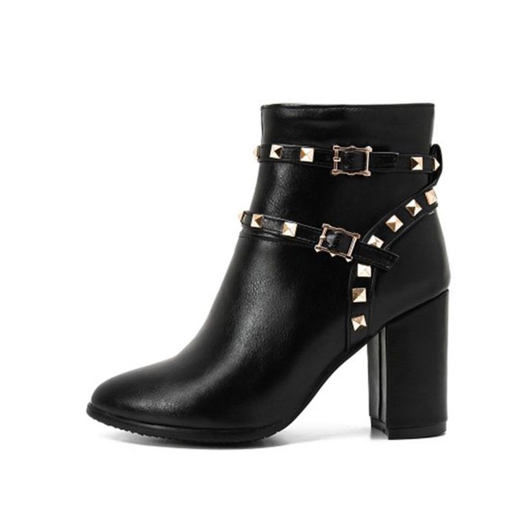 Kvinnor Rivet Plain Side Zipper Chunky Heel Boots