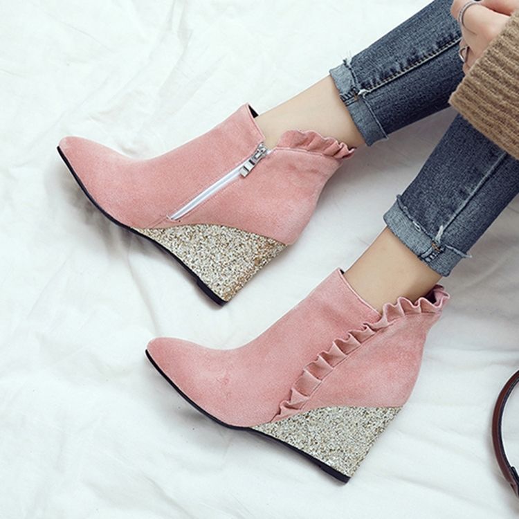 Kvinnor Ruffles Plain Wedge Heel Ankle Boots