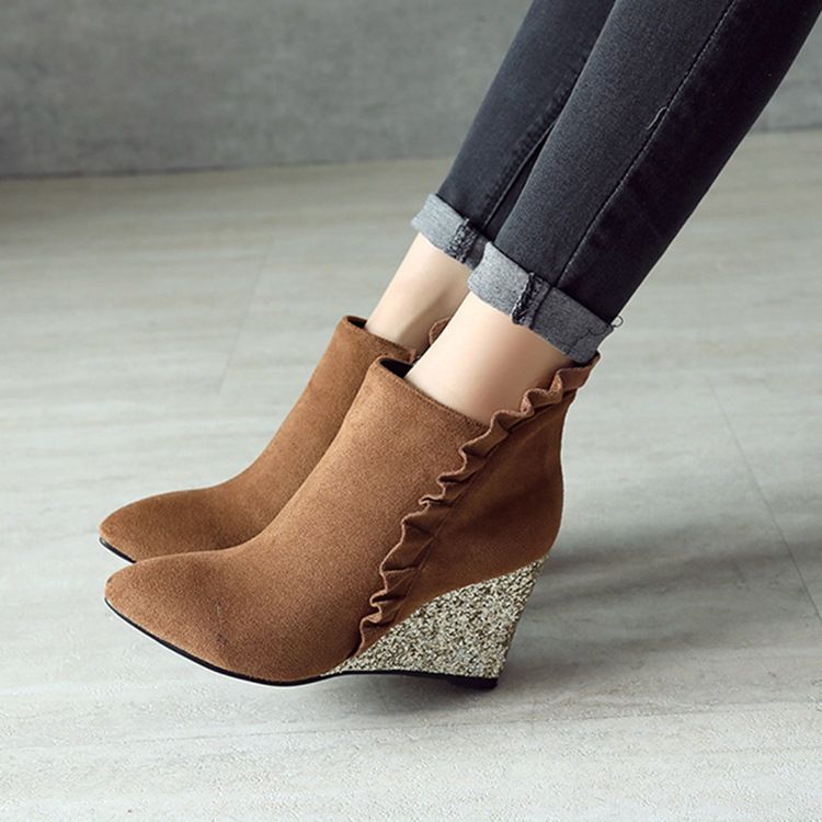 Kvinnor Ruffles Plain Wedge Heel Ankle Boots