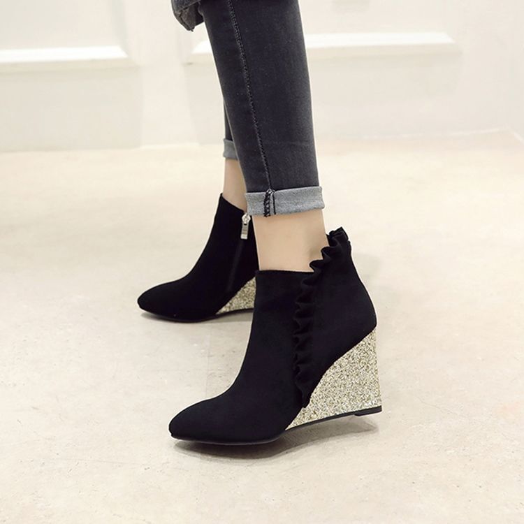 Kvinnor Ruffles Plain Wedge Heel Ankle Boots