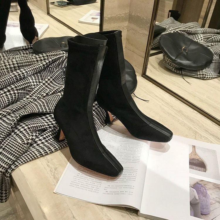 Kvinnors Färgblock Slip-on Square Toe Högklackade Stövlar