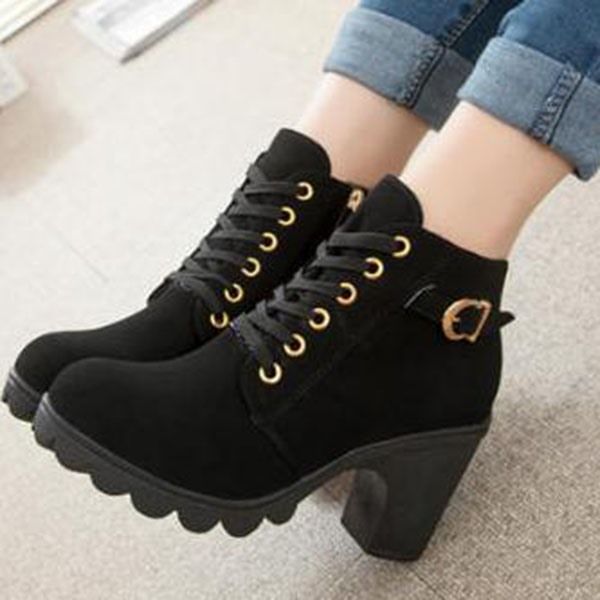 Plain Chunky Heel Lace-up Front Women's Ankle Boots