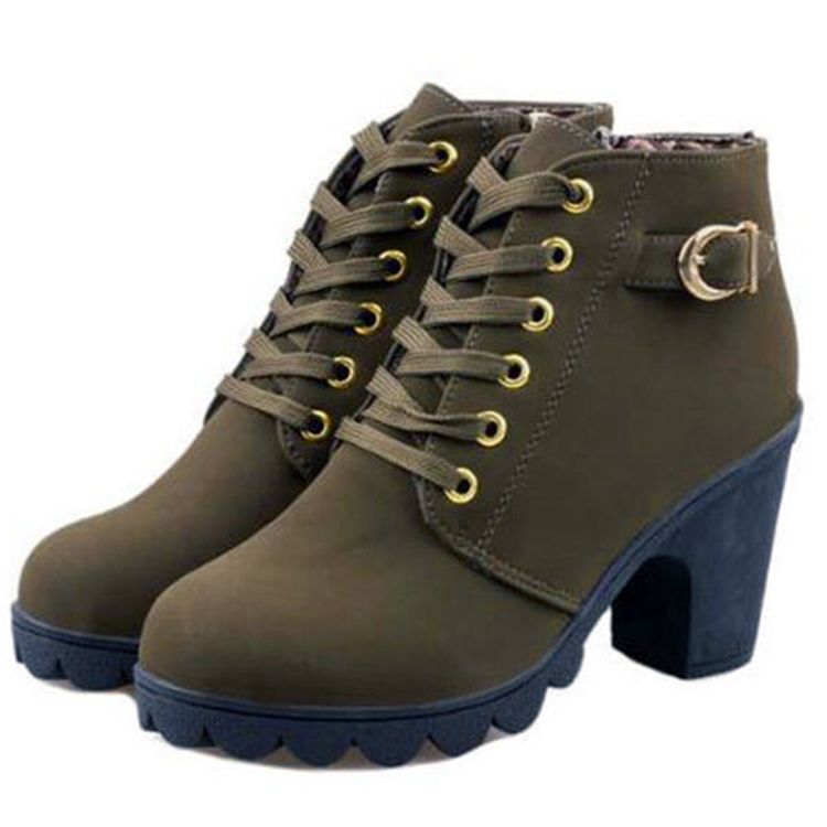 Plain Chunky Heel Lace-up Front Women's Ankle Boots