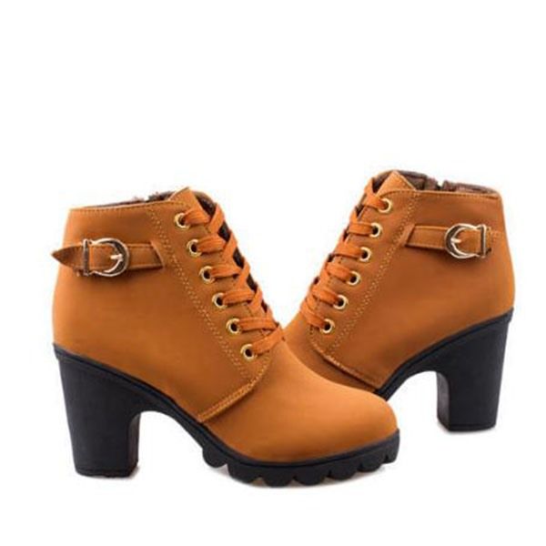 Plain Chunky Heel Lace-up Front Women's Ankle Boots