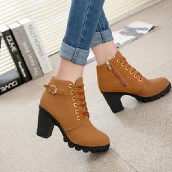 Plain Chunky Heel Lace-up Front Women's Ankle Boots