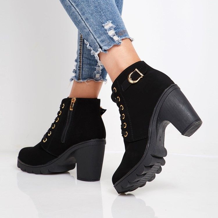 Plain Chunky Heel Lace-up Front Women's Ankle Boots