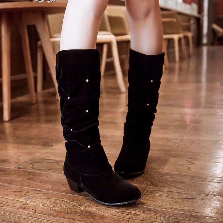 Rhinestone Slip-on Knee-high Round Toe Damskor