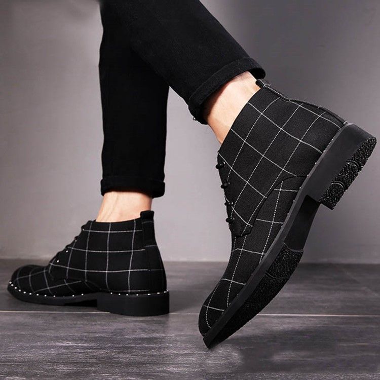 Round Toe Lace-up Front Plaid Herr Stövlar