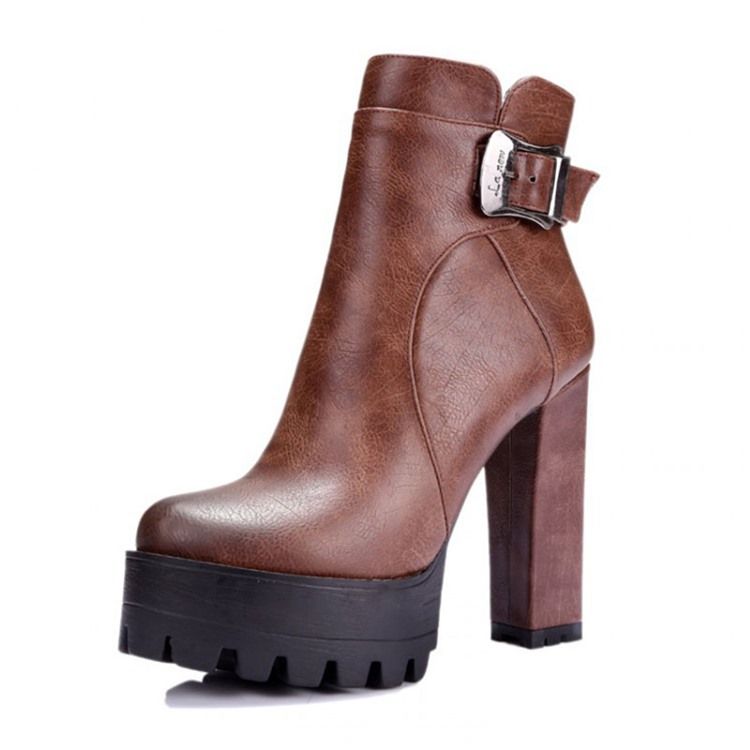 Round Toe Platform Chunky Heel Side Zipper Women's Ankle Boots