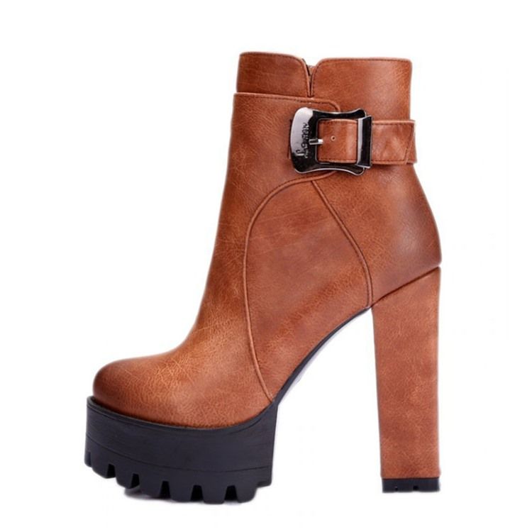 Round Toe Platform Chunky Heel Side Zipper Women's Ankle Boots