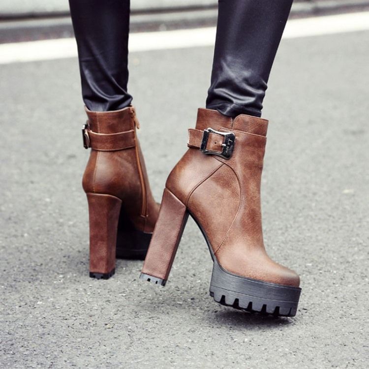 Round Toe Platform Chunky Heel Side Zipper Women's Ankle Boots