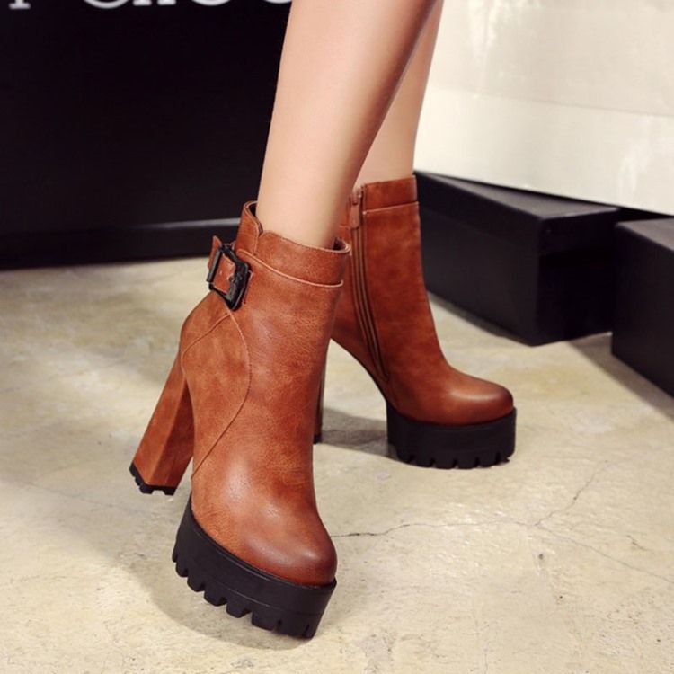 Round Toe Platform Chunky Heel Side Zipper Women's Ankle Boots