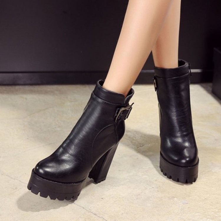 Round Toe Platform Chunky Heel Side Zipper Women's Ankle Boots