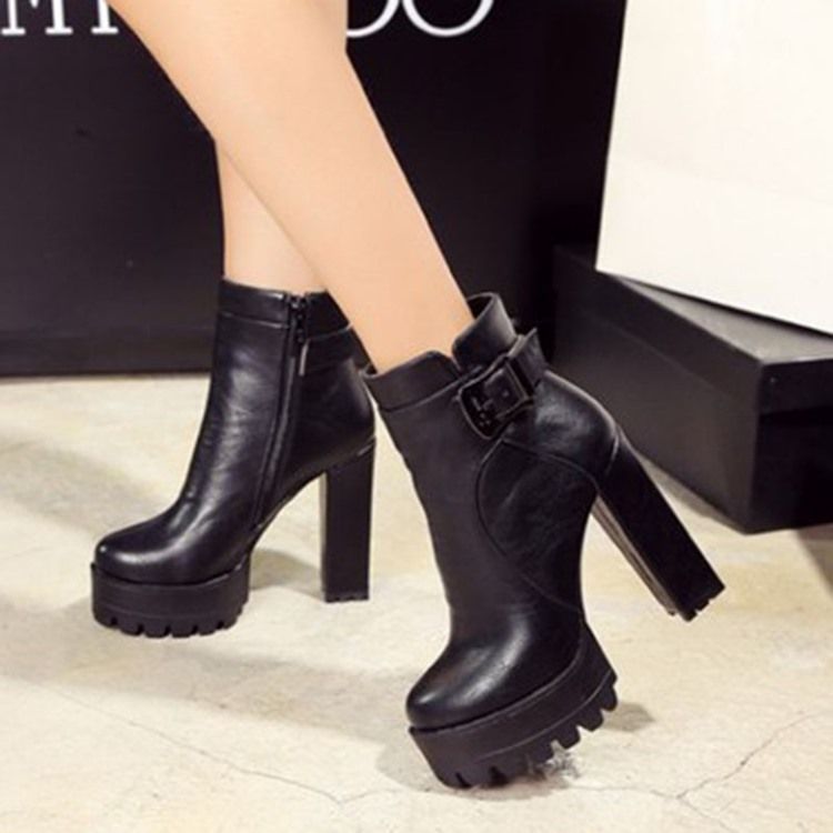 Round Toe Platform Chunky Heel Side Zipper Women's Ankle Boots