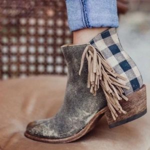 Round Toe Side Zipper Plaid Women's Flat Boots