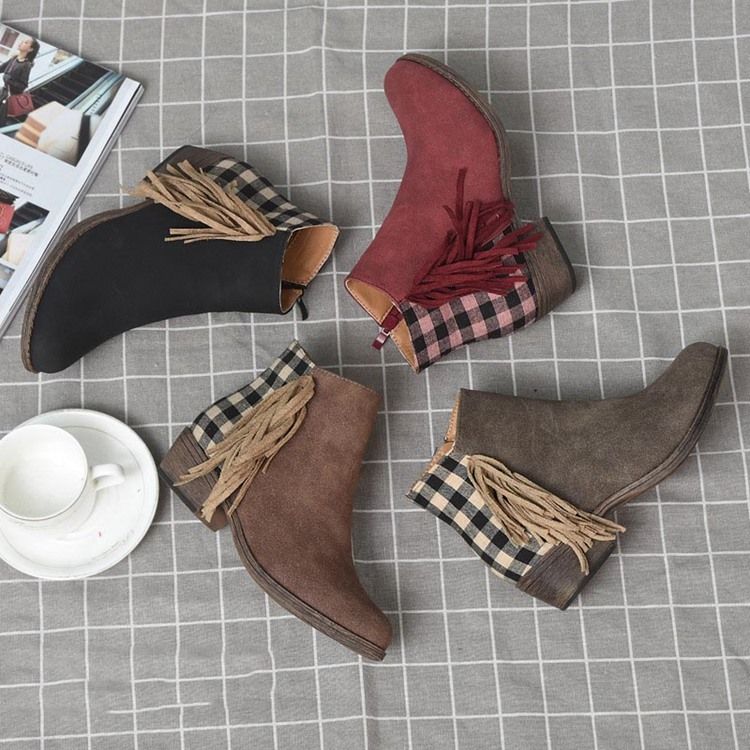 Round Toe Side Zipper Plaid Women's Flat Boots