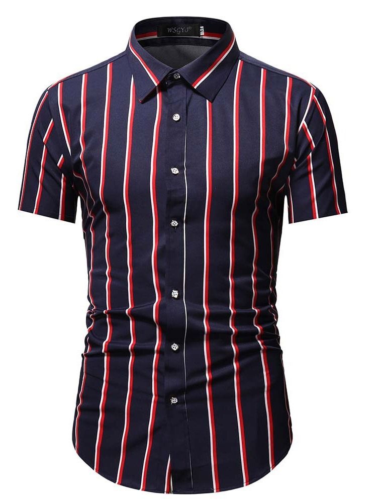 Button Revers Stripe Single-breasted Men's Slim Shirt