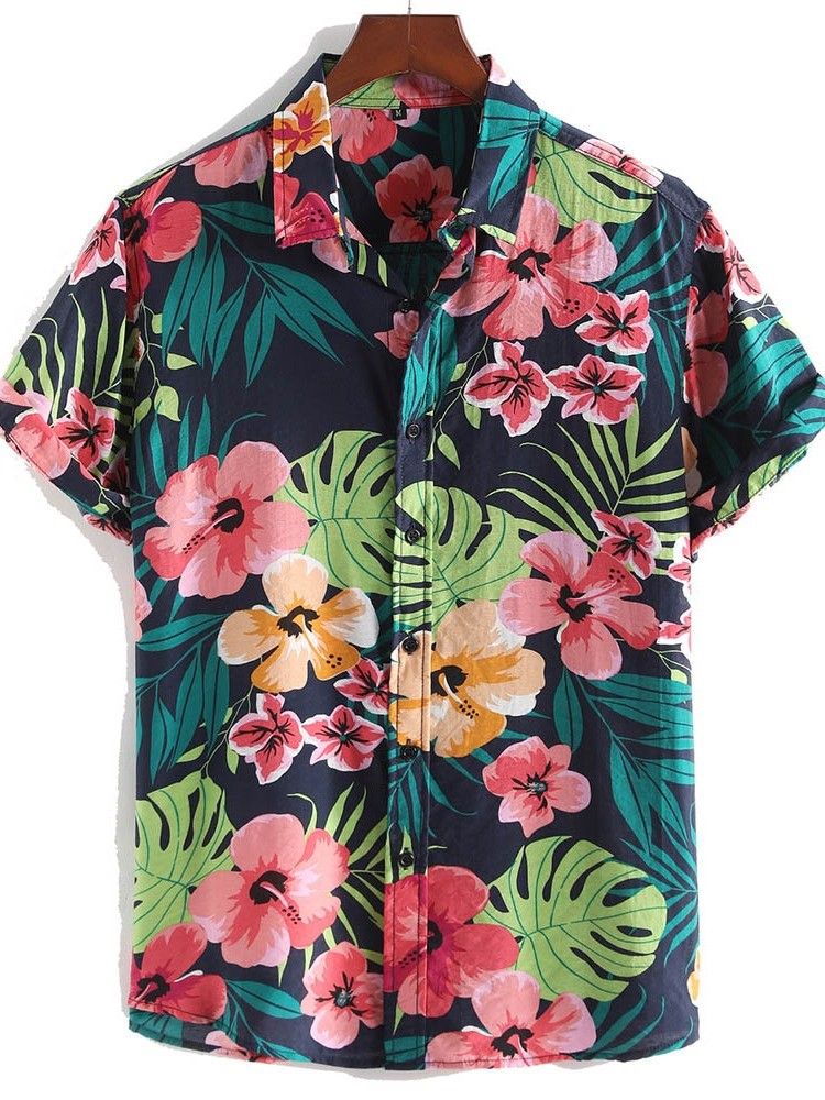 Casual Floral Lapel Singel-breasted Herr Print Shirt