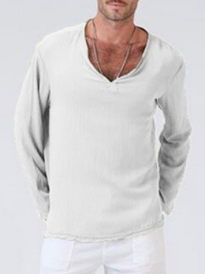 Casual Plain V-neck Lös T-shirt Herr