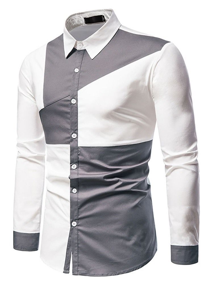 Color Block Casual Asymmetric Slim Spring Shirt