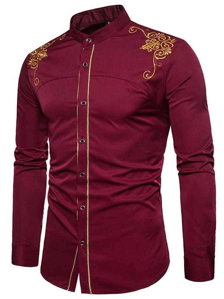 Golden Embroidery Plain Men's Single Breasted Shirt