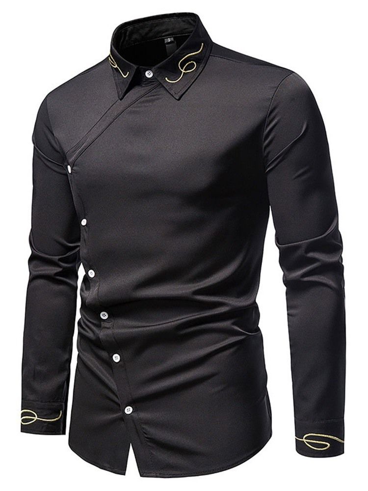 Lapel Broderi Casual Fall Herr Slim Slim Shirt