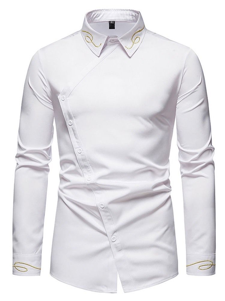 Lapel Broderi Casual Fall Herr Slim Slim Shirt