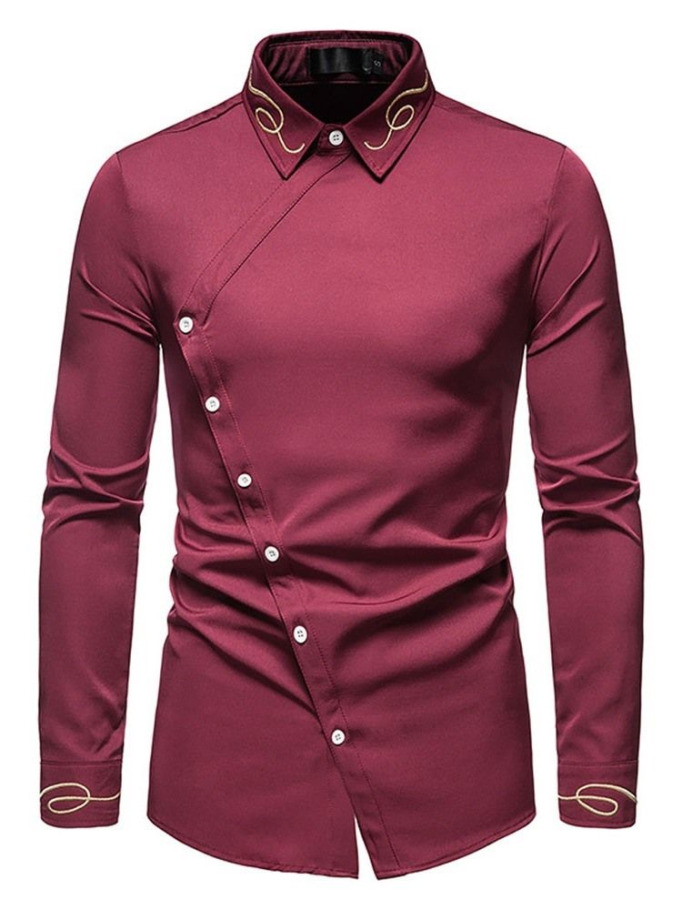 Lapel Broderi Casual Fall Herr Slim Slim Shirt