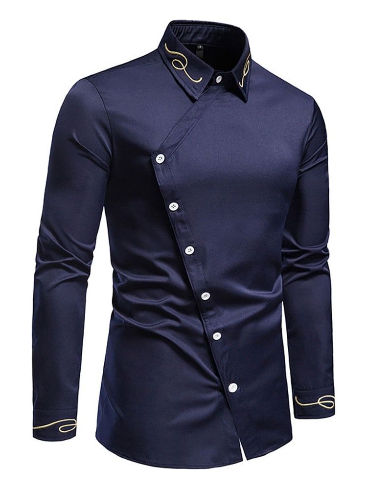 Lapel Broderi Casual Fall Herr Slim Slim Shirt