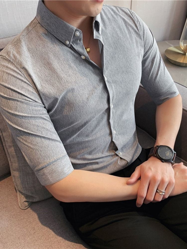 Lapel Button Plain Slim Single-breasted Men's Shirt