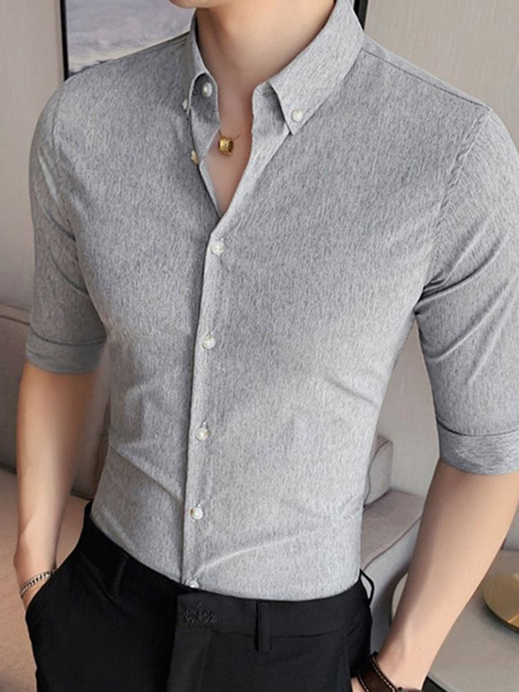 Lapel Button Plain Slim Single-breasted Men's Shirt