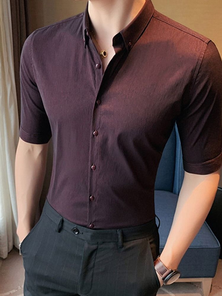 Lapel Button Plain Slim Single-breasted Men's Shirt