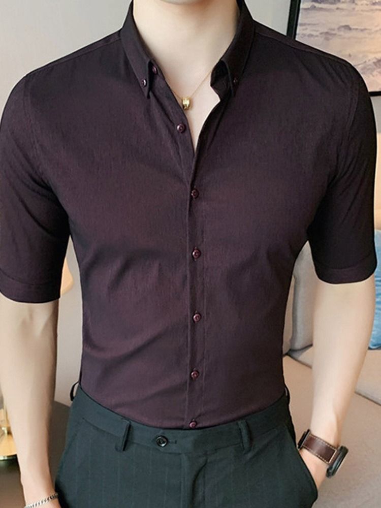 Lapel Button Plain Slim Single-breasted Men's Shirt