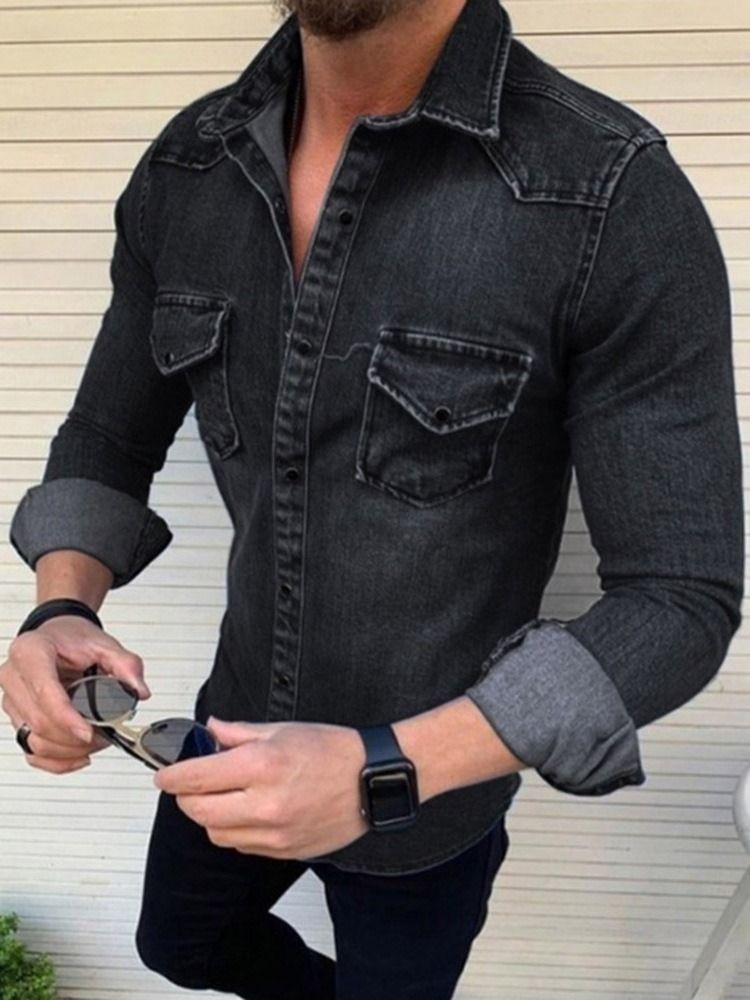 Lapel Casual Plain Single-breasted Men's Slim Shirt