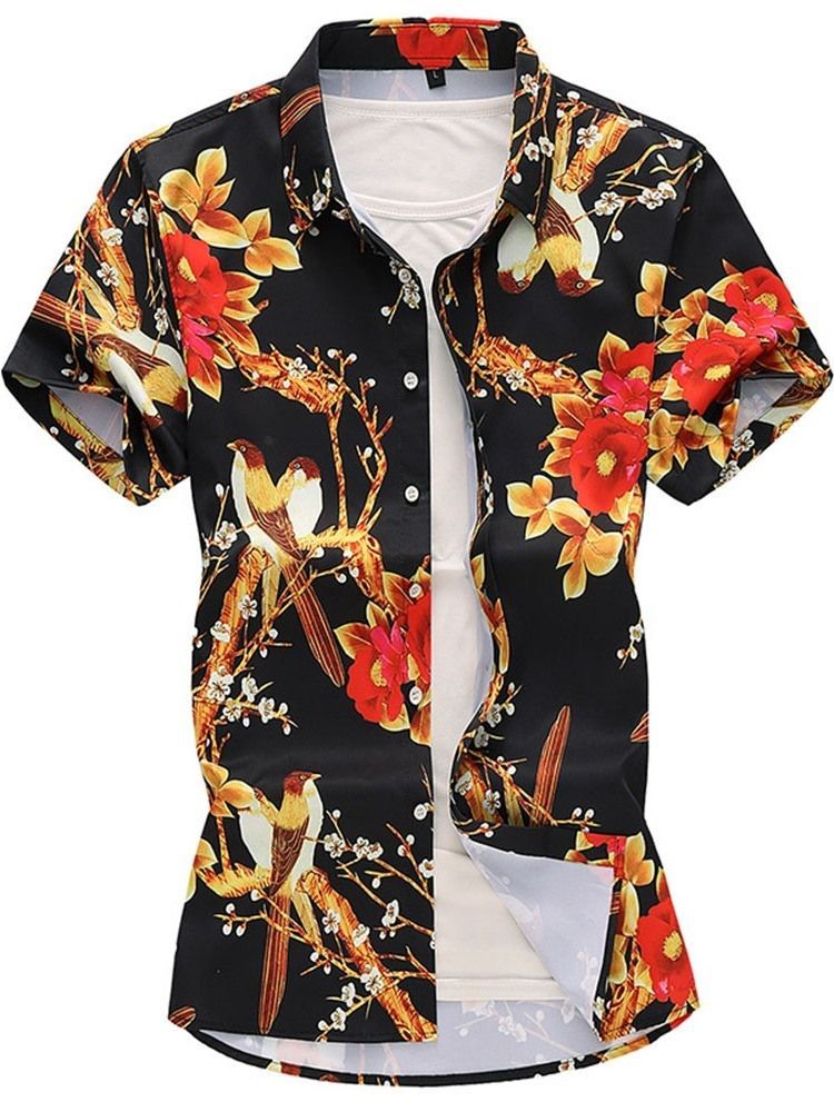 Lapel Fashion Print Single-breasted Mens Summer Shirt