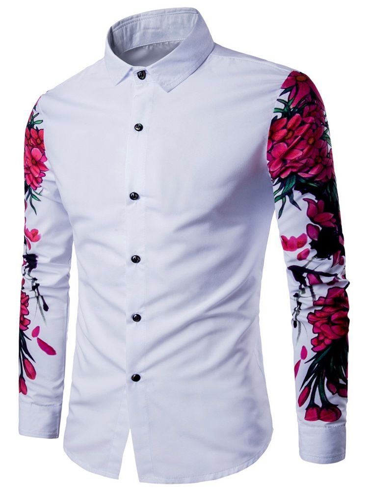 Lapel Floral Print Slim Casual Herrskjorta