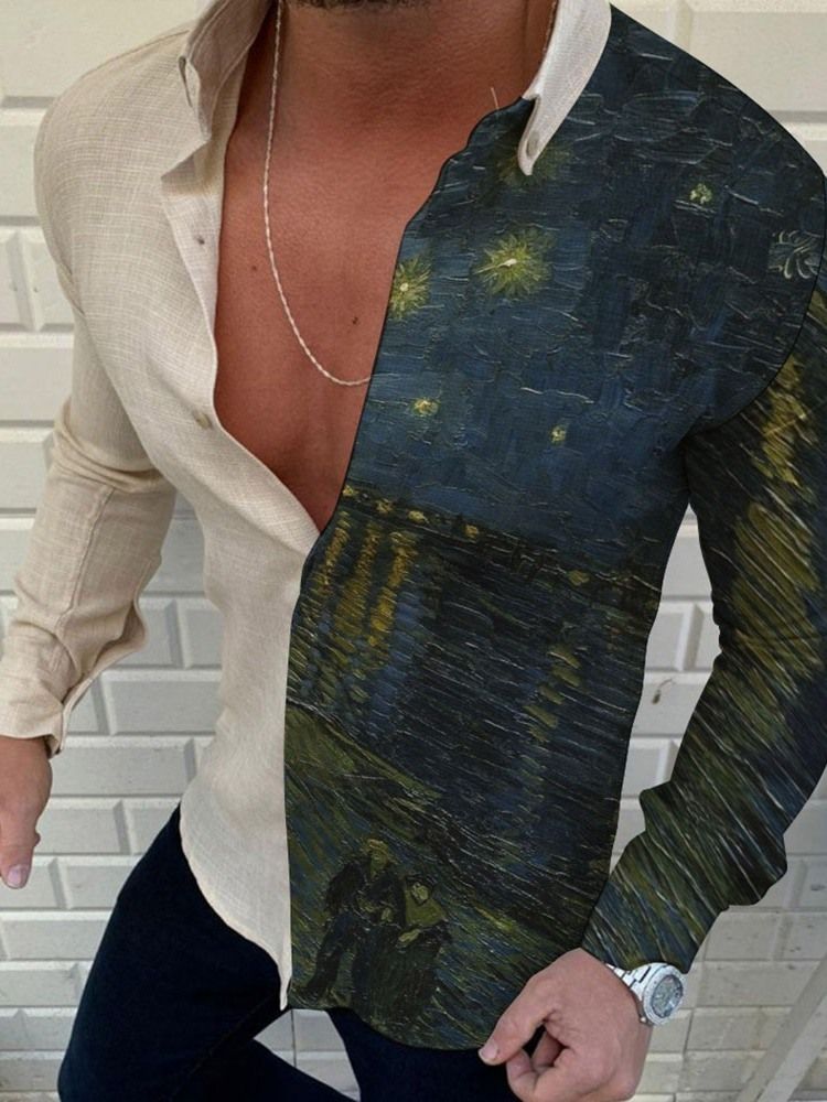 Lapel Painting Print Slim Slim Shirt För Män