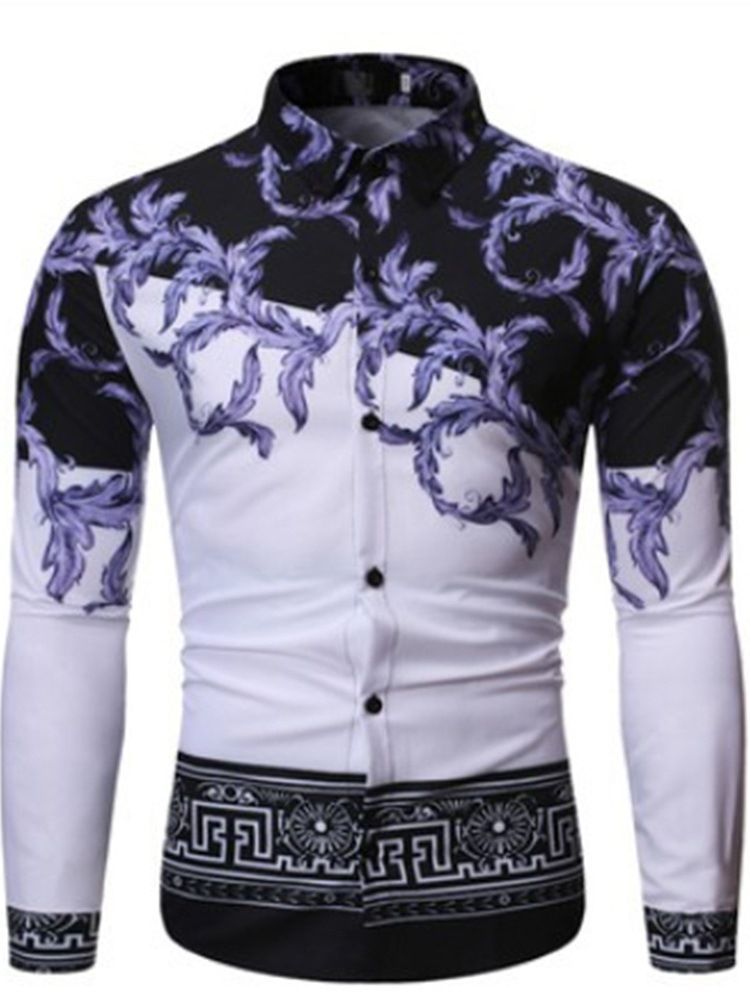 Lapel Print Color Block Spring Single-breasted Men's Shirt