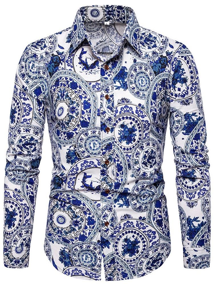 Lapel Print Floral Men's Slim Single-breasted Shirt